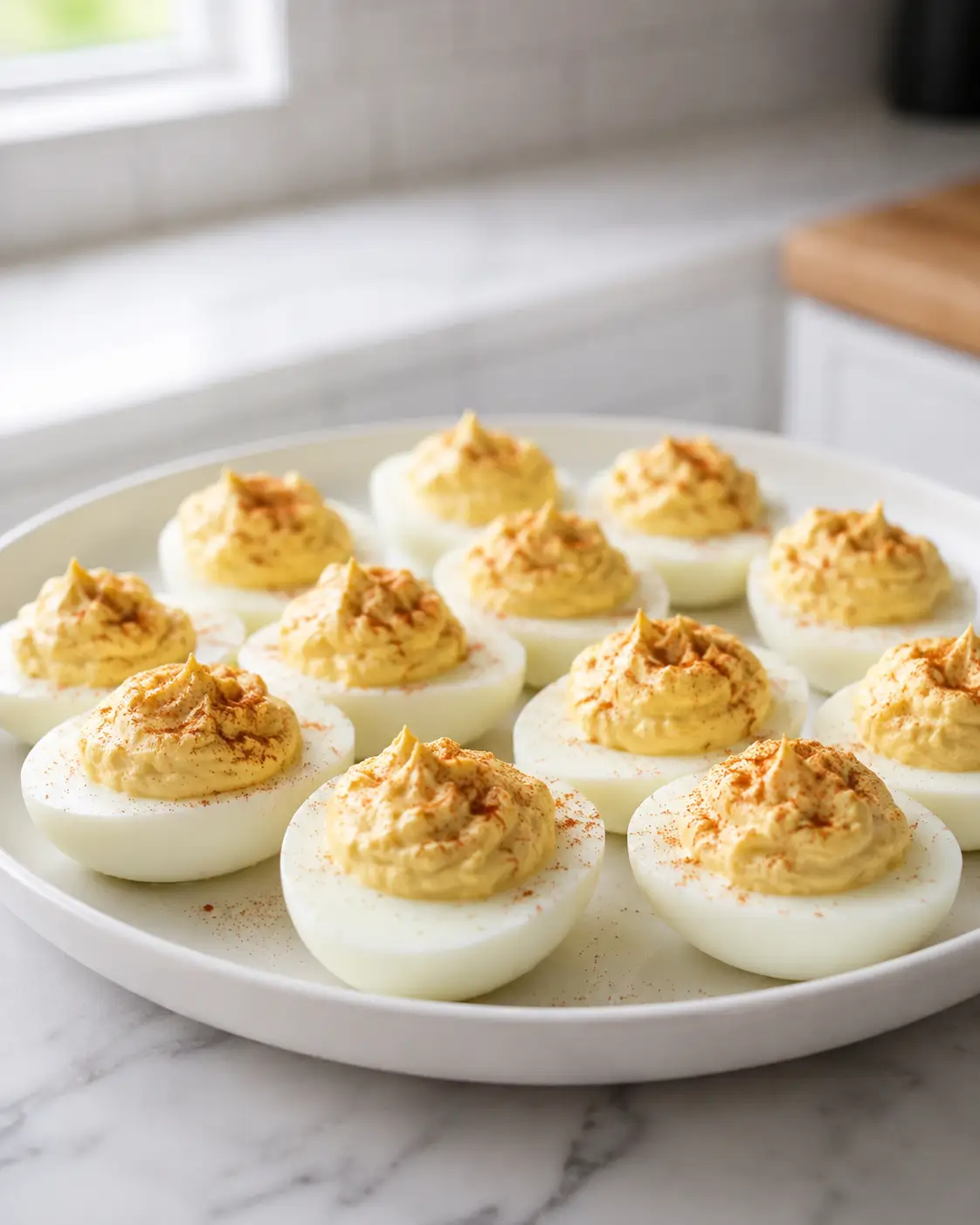 Classic deviled eggs filled with creamy yolk mixture and lightly dusted with paprika.