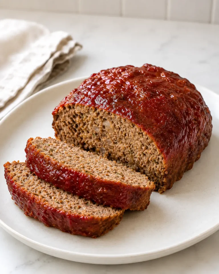 Glazed bison meatloaf served on a white plate.