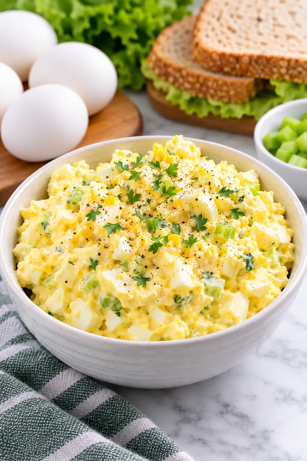 Creamy egg salad with chopped hard-boiled eggs in a white bowl