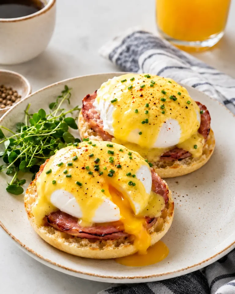 Classic Eggs Benedict with Canadian bacon, poached eggs and hollandaise on toasted English muffins.