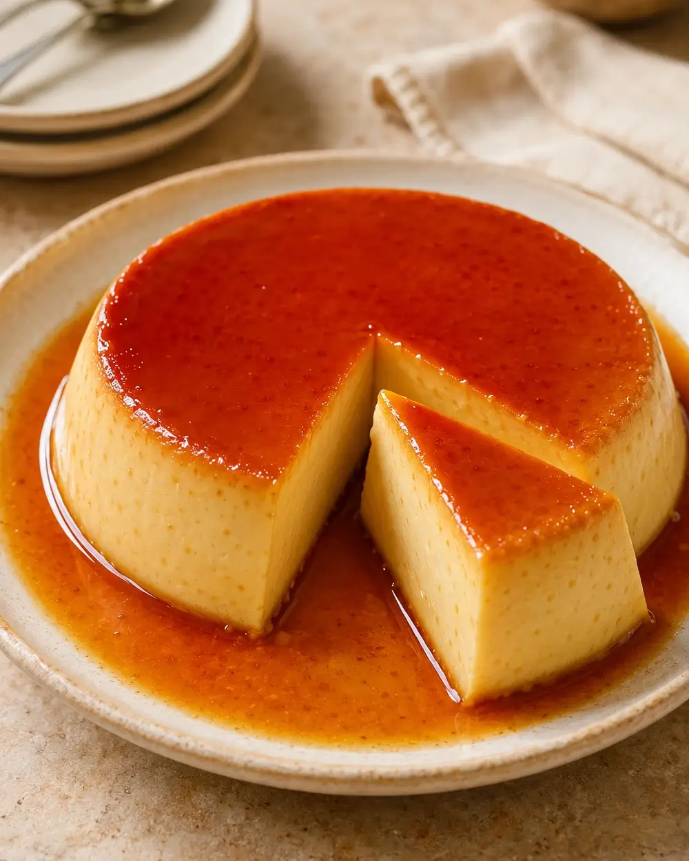 Classic flan with glossy caramel sauce on a white serving plate.