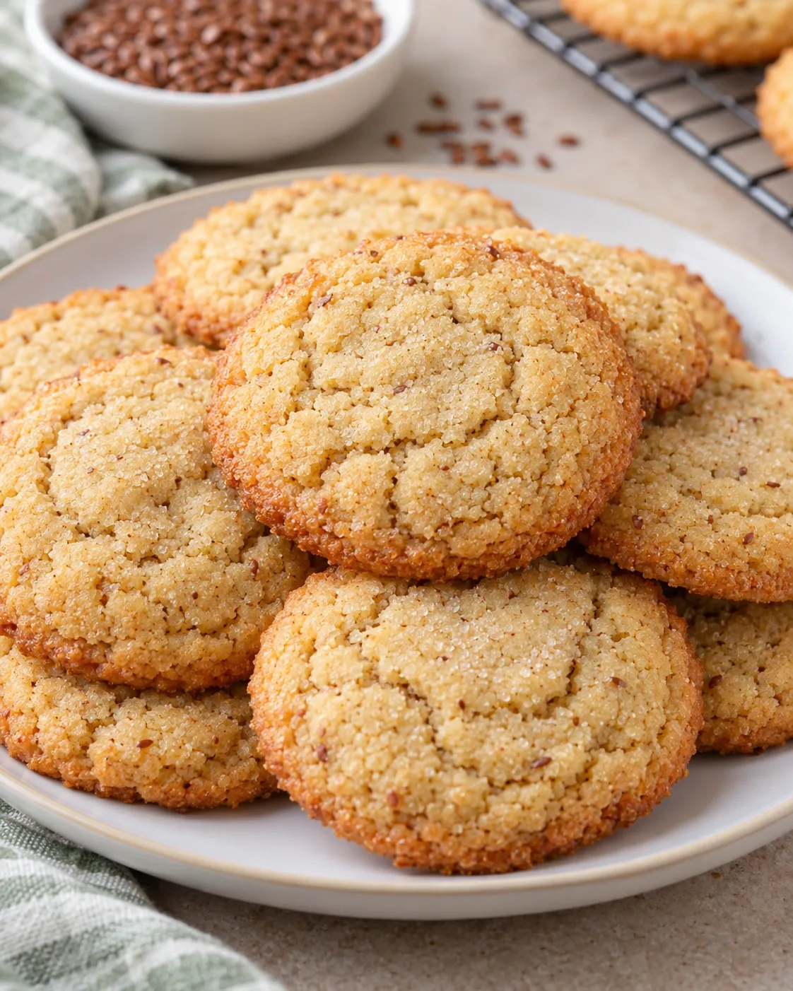 Flaxseed sugar cookies with lightly sugared tops on a ceramic plate.