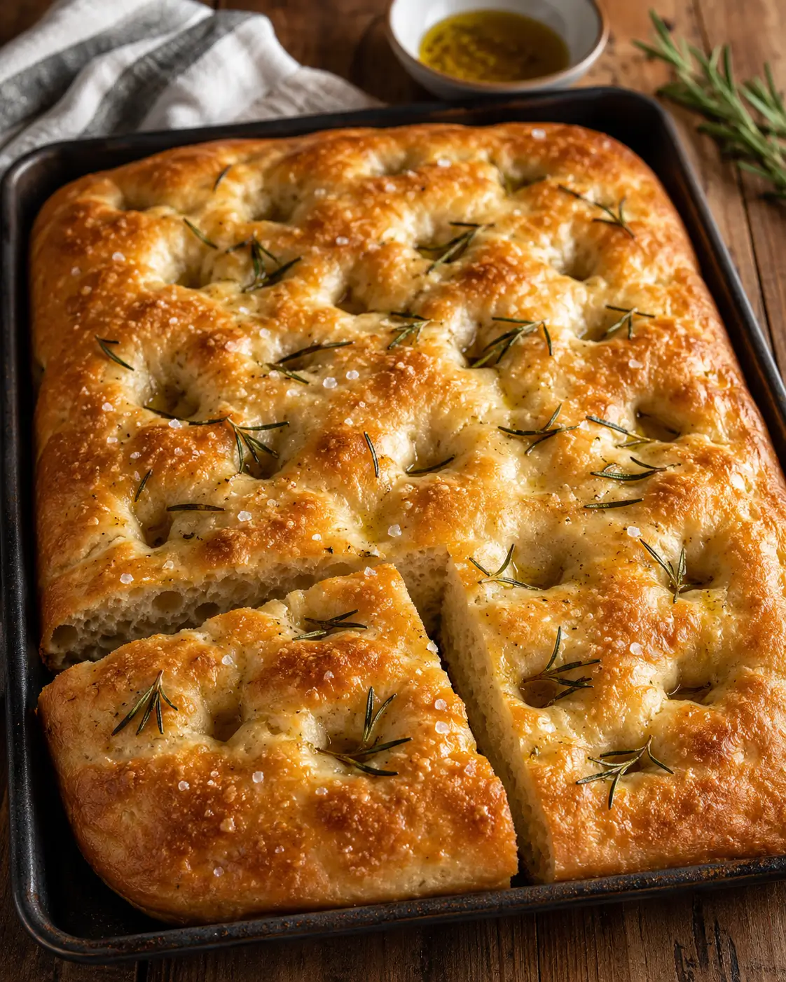 Golden homemade focaccia with deep dimples, olive oil and flaky sea salt.