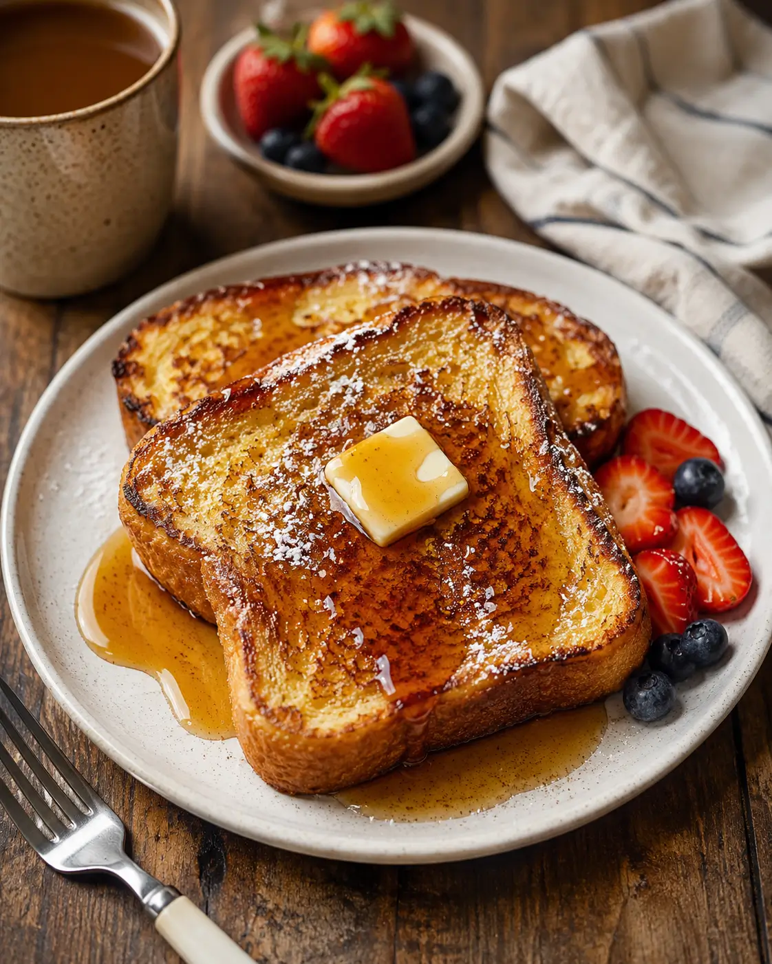 Golden cinnamon and vanilla French toast stacked on a white plate with maple syrup.