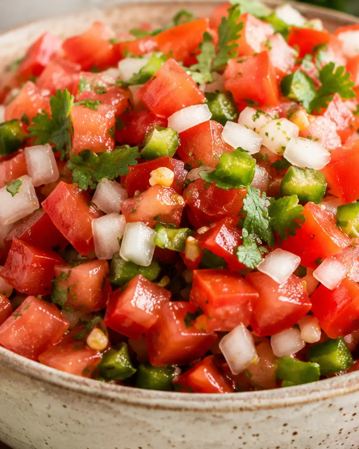 Fresh pico de gallo with diced tomatoes, white onion, jalapeño and cilantro in a white bowl.