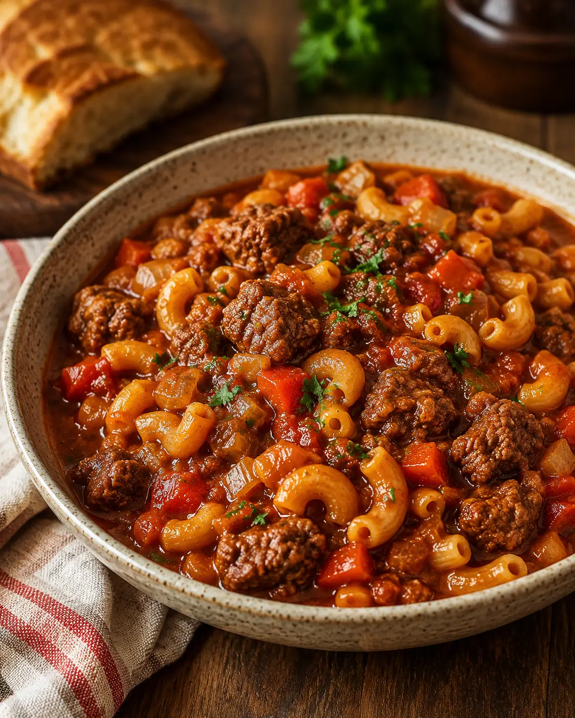 Classic American goulash with ground beef and elbow macaroni in tomato sauce.