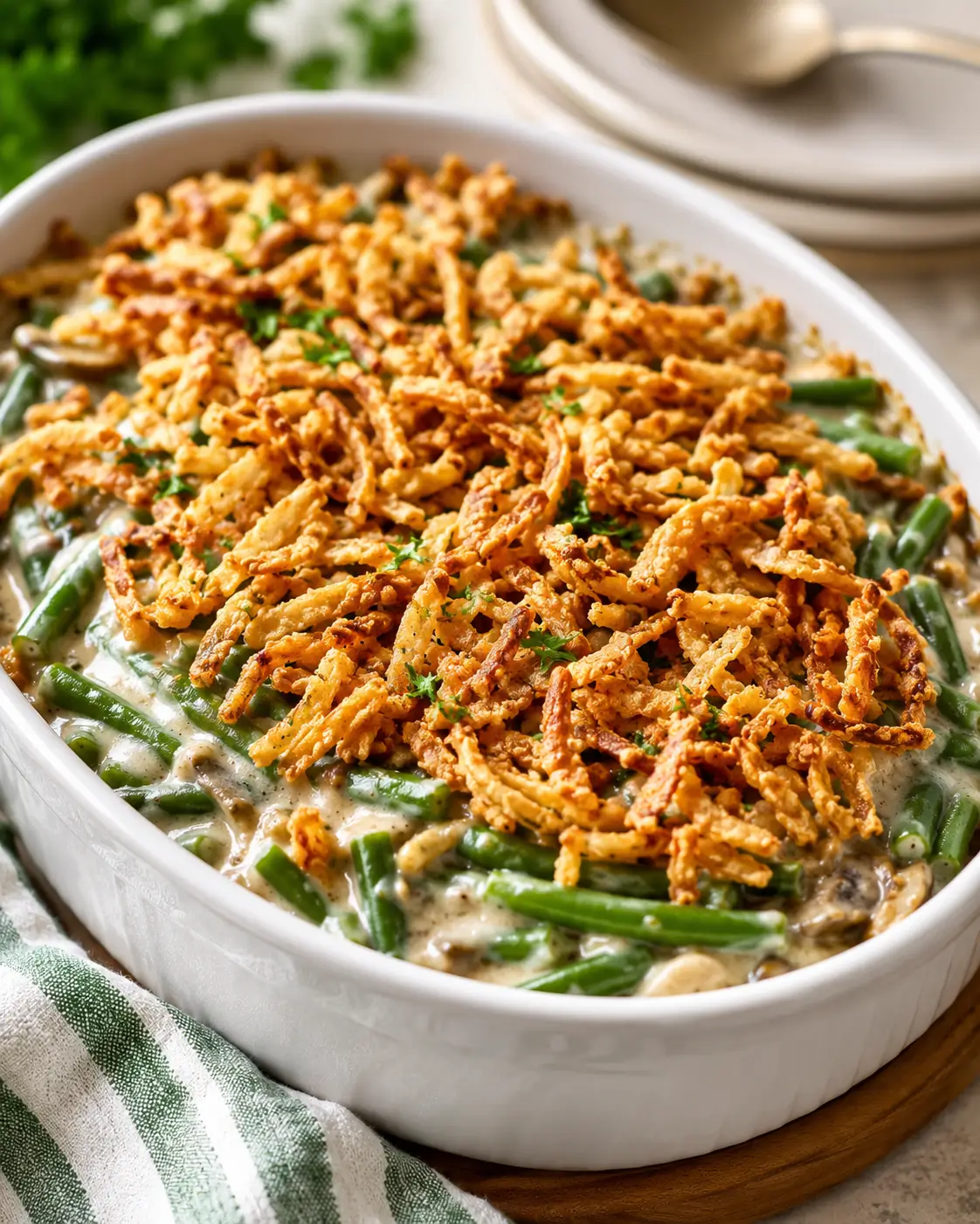 Green bean casserole topped with golden crispy onions in a white baking dish.