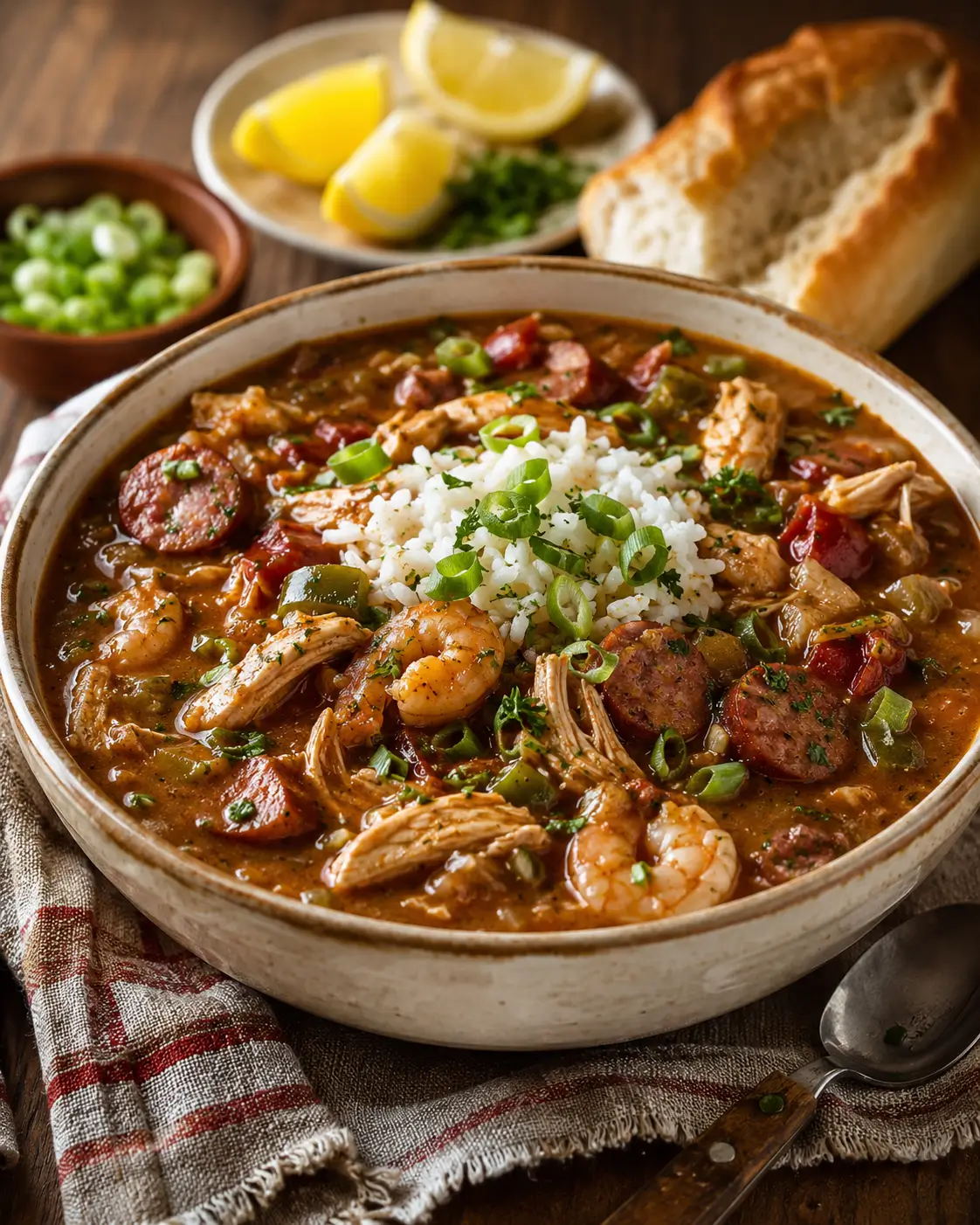 Bowl of gumbo with chicken, andouille sausage, shrimp and okra over white rice.