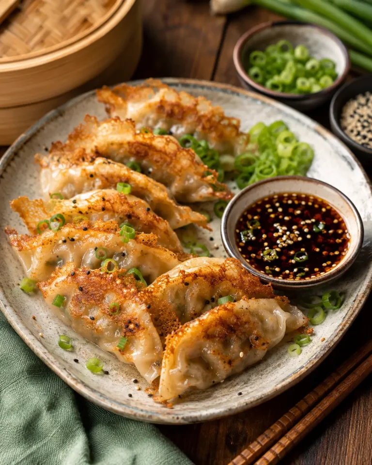 Crispy pan-fried pork gyoza with golden bottoms.