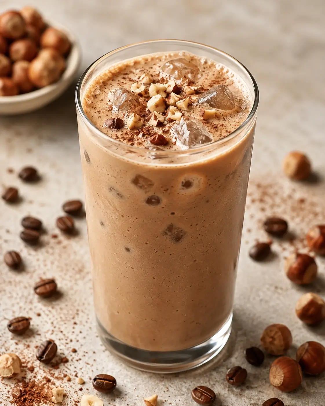 Iced hazelnut coffee protein shake with ice, chopped hazelnuts and a light cocoa dusting.