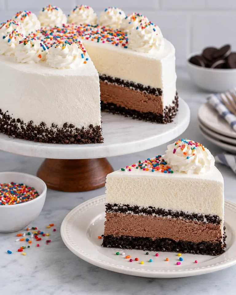 Slice of chocolate and vanilla ice cream cake with a chocolate cookie crust, whipped cream frosting and rainbow sprinkles.