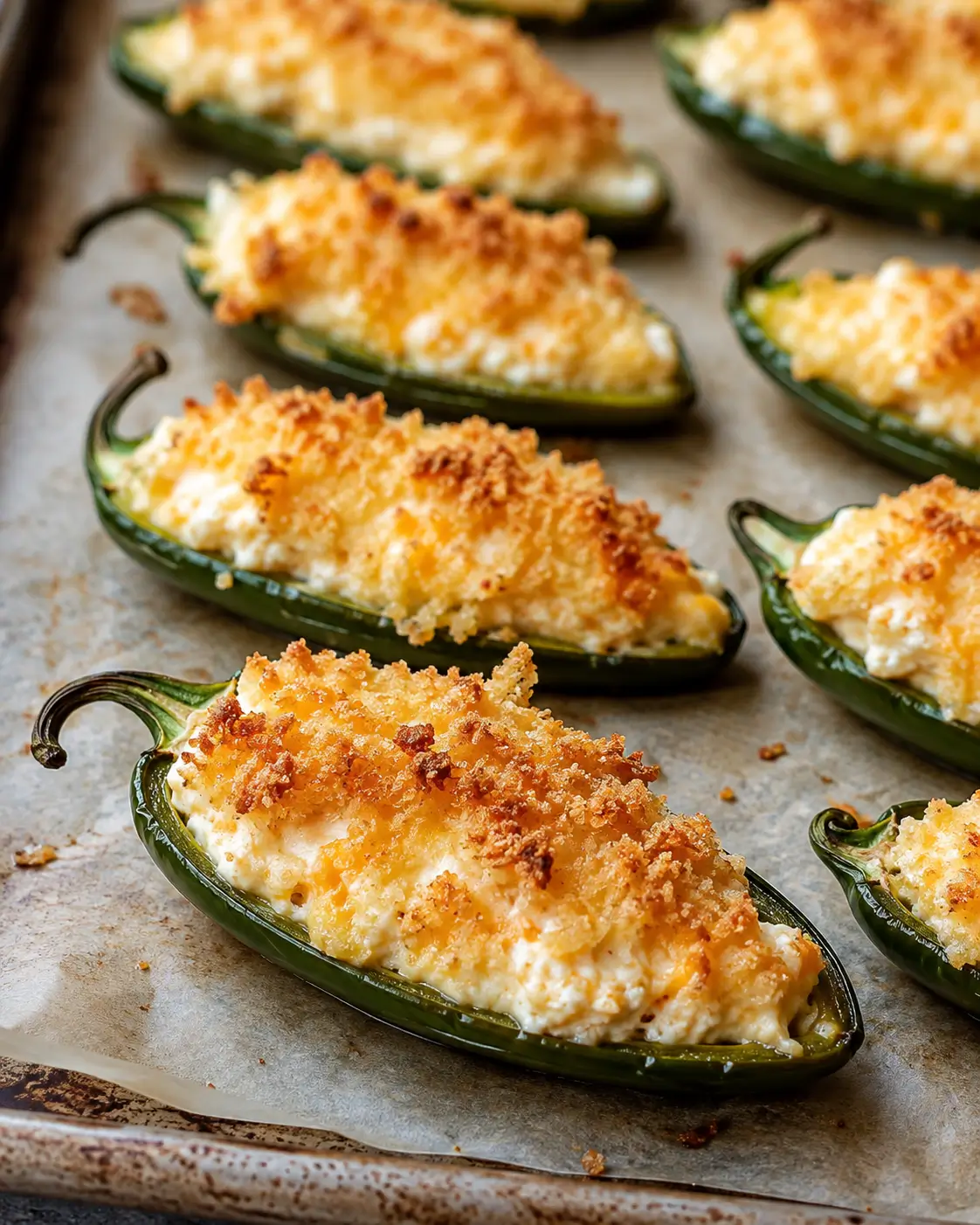 Baked jalapeño poppers filled with cream cheese and topped with golden breadcrumbs.