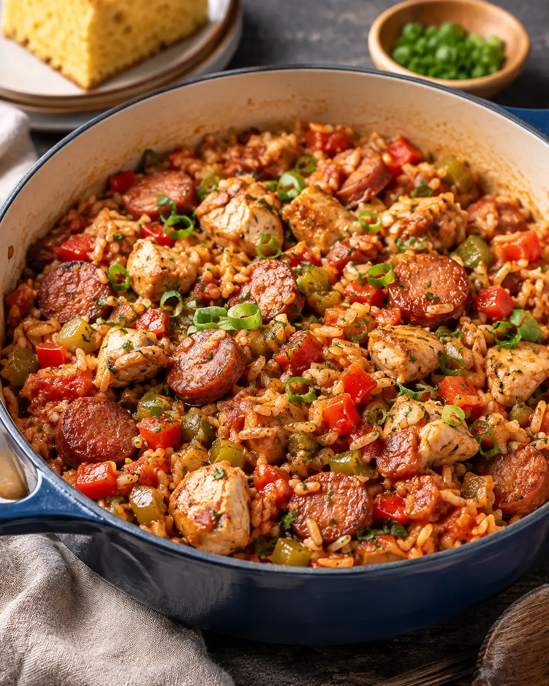Chicken and sausage jambalaya with rice, tomatoes and green onions in a white bowl.