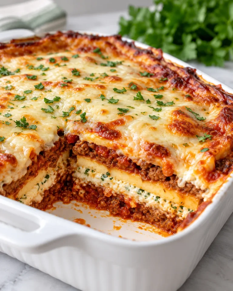 Keto lasagna with beef tomato sauce, melted cheese and homemade low-carb sheets.