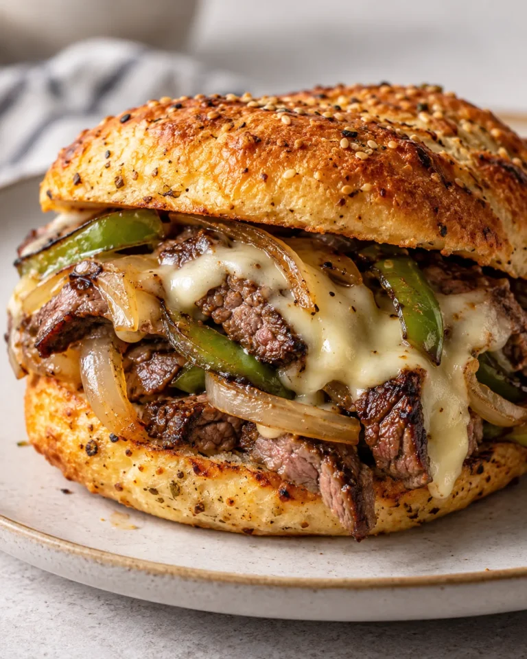 Keto steak and cheese sandwich with melted provolone, green peppers and sauteed onions.
