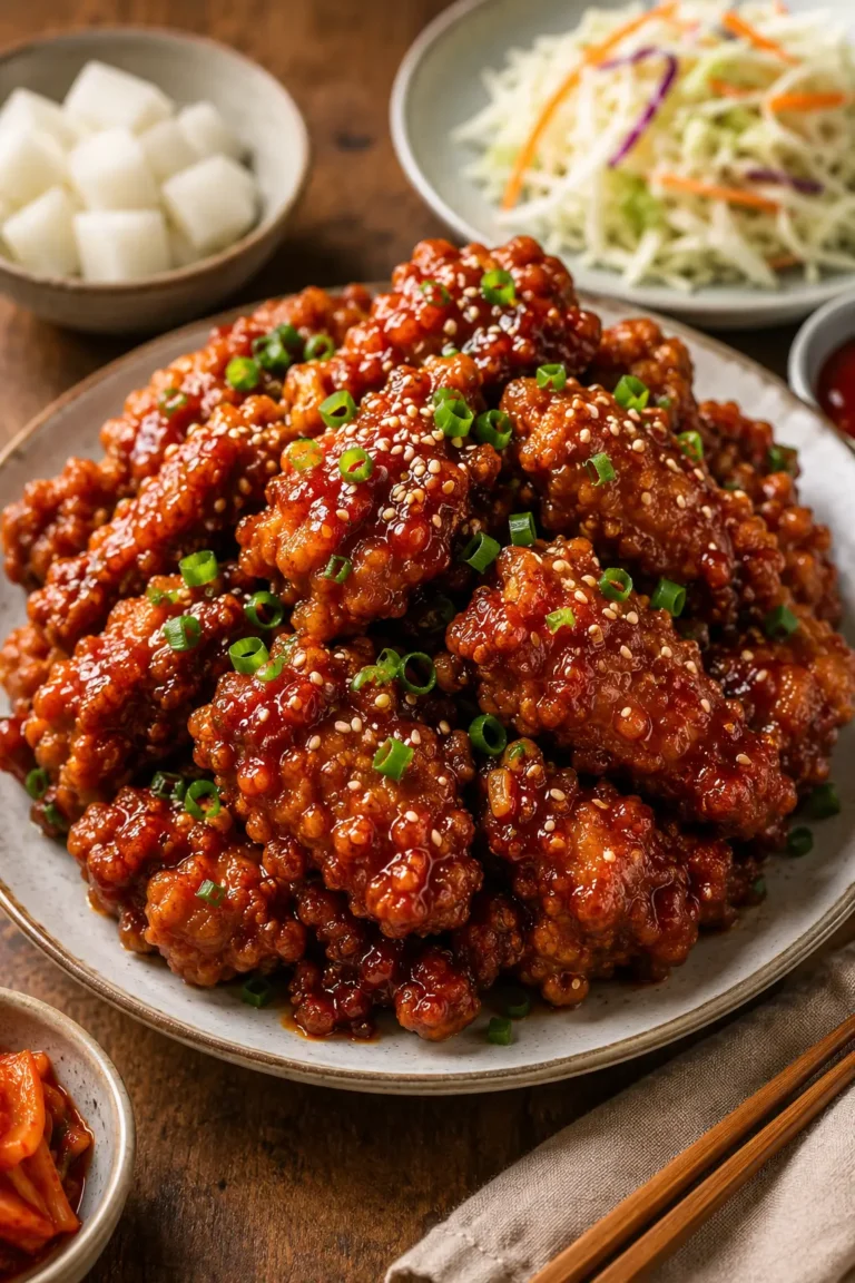 Crispy Korean fried chicken wings coated in glossy gochujang sauce with sesame seeds and scallions.