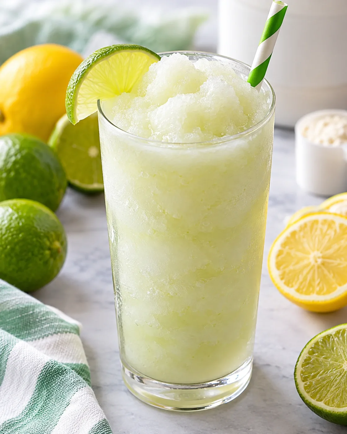 Pale lemon-lime protein slushy served in a clear glass.