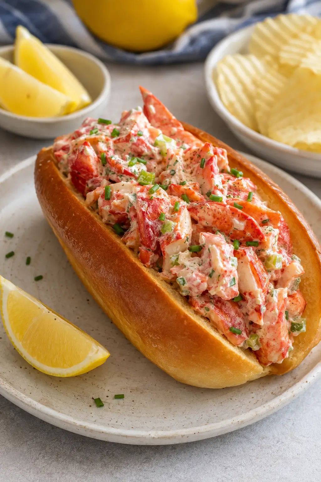 Homemade lobster roll with chilled lobster salad and chives in a butter-toasted split-top bun.