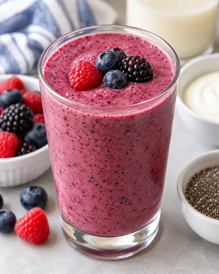 Purple mixed-berry smoothie in a clear glass.
