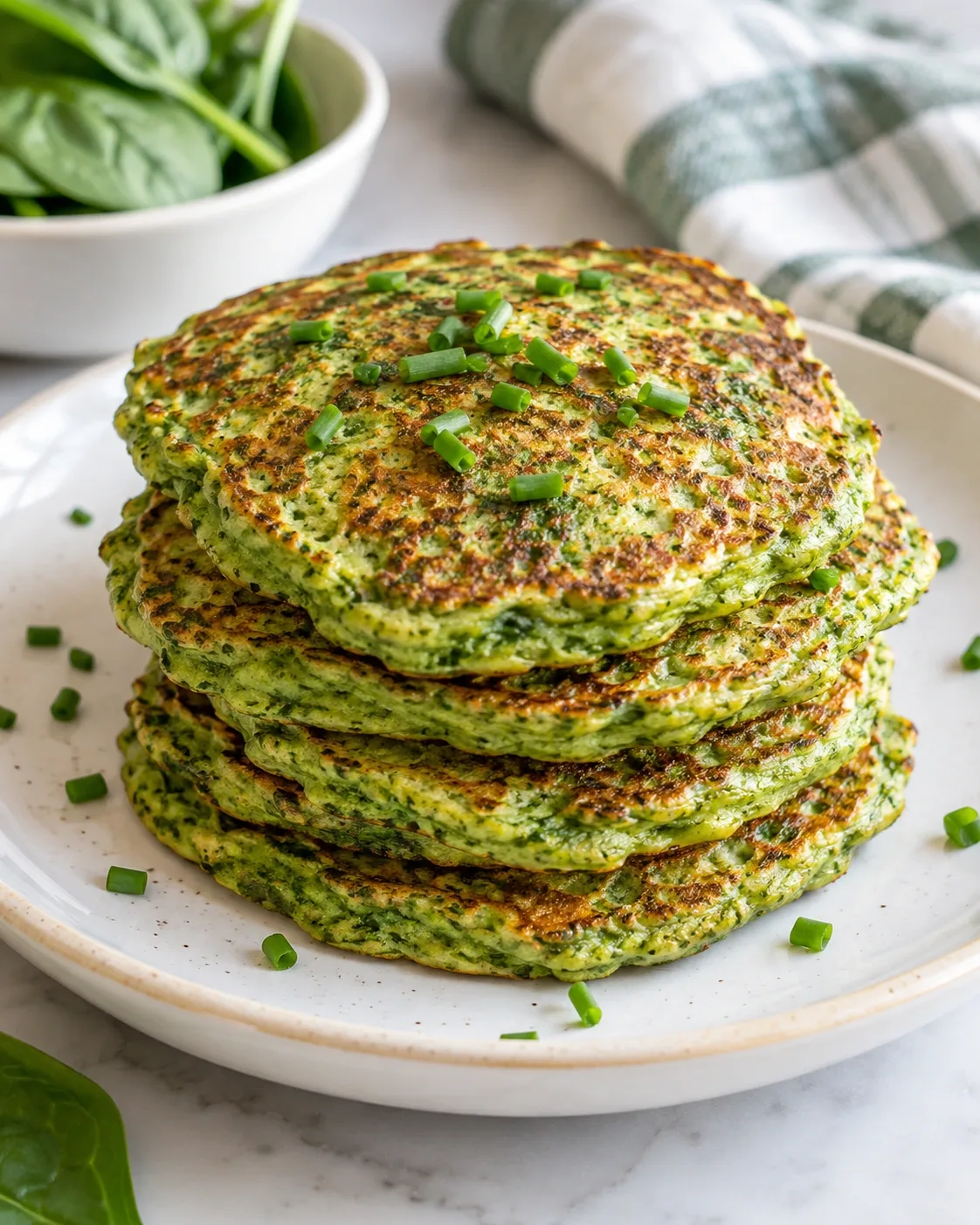 Stack of low-carb green spinach pancakes on a plate.