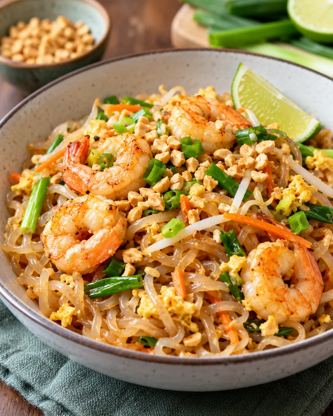 Low-carb Pad Thai with shrimp, shirataki noodles, bean sprouts, scallions and chopped peanuts.