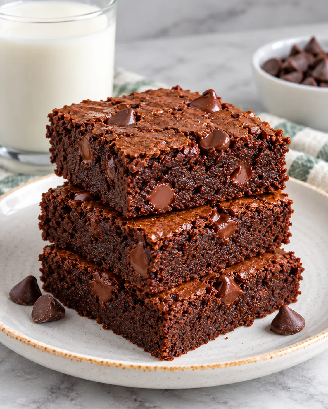 Fudgy low-carb protein brownies stacked on a light ceramic plate.