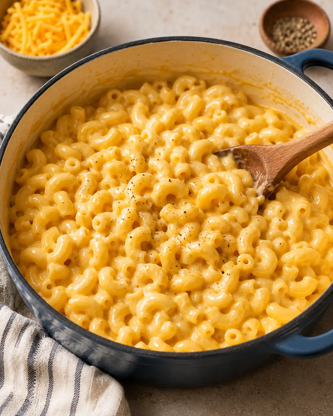 Creamy stovetop macaroni and cheese in a white ceramic bowl.