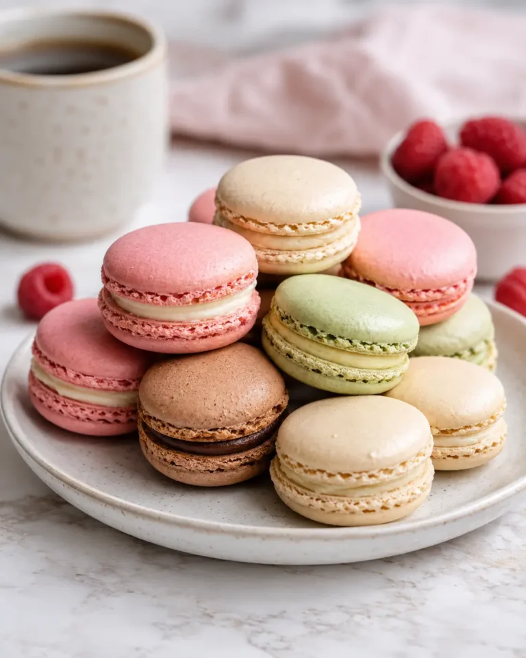 Classic French macarons with vanilla buttercream on a plate.