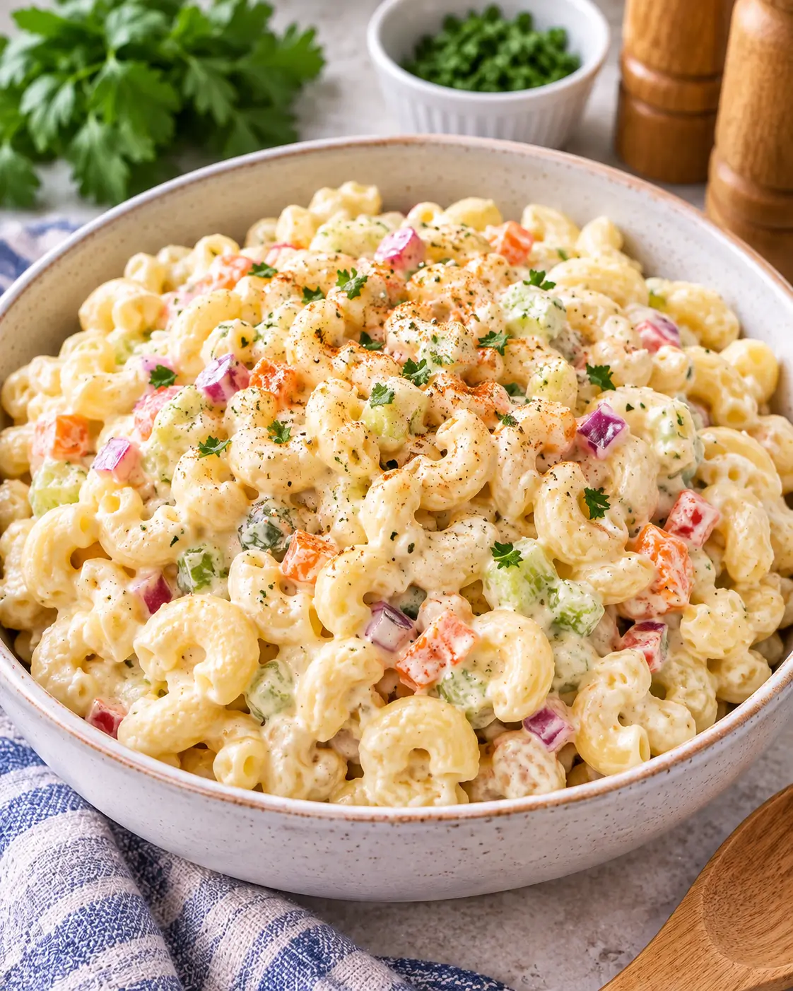 Creamy macaroni salad with red bell pepper, carrot and green onion in a white serving bowl.