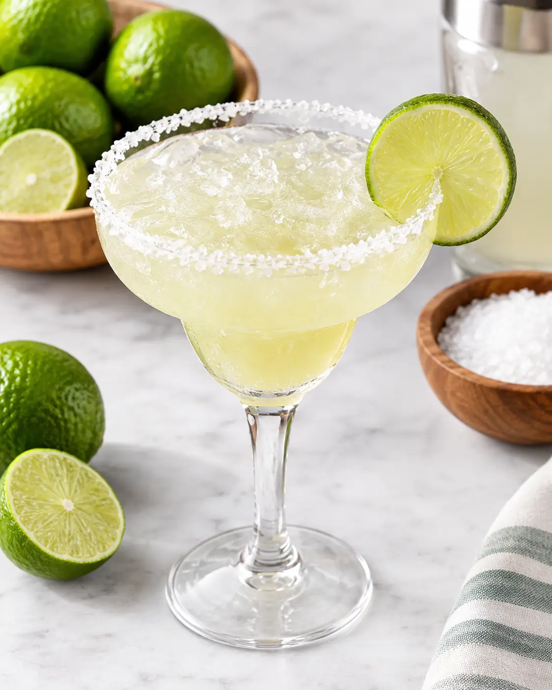 Classic lime margarita over ice with a salted rim and lime wheel.