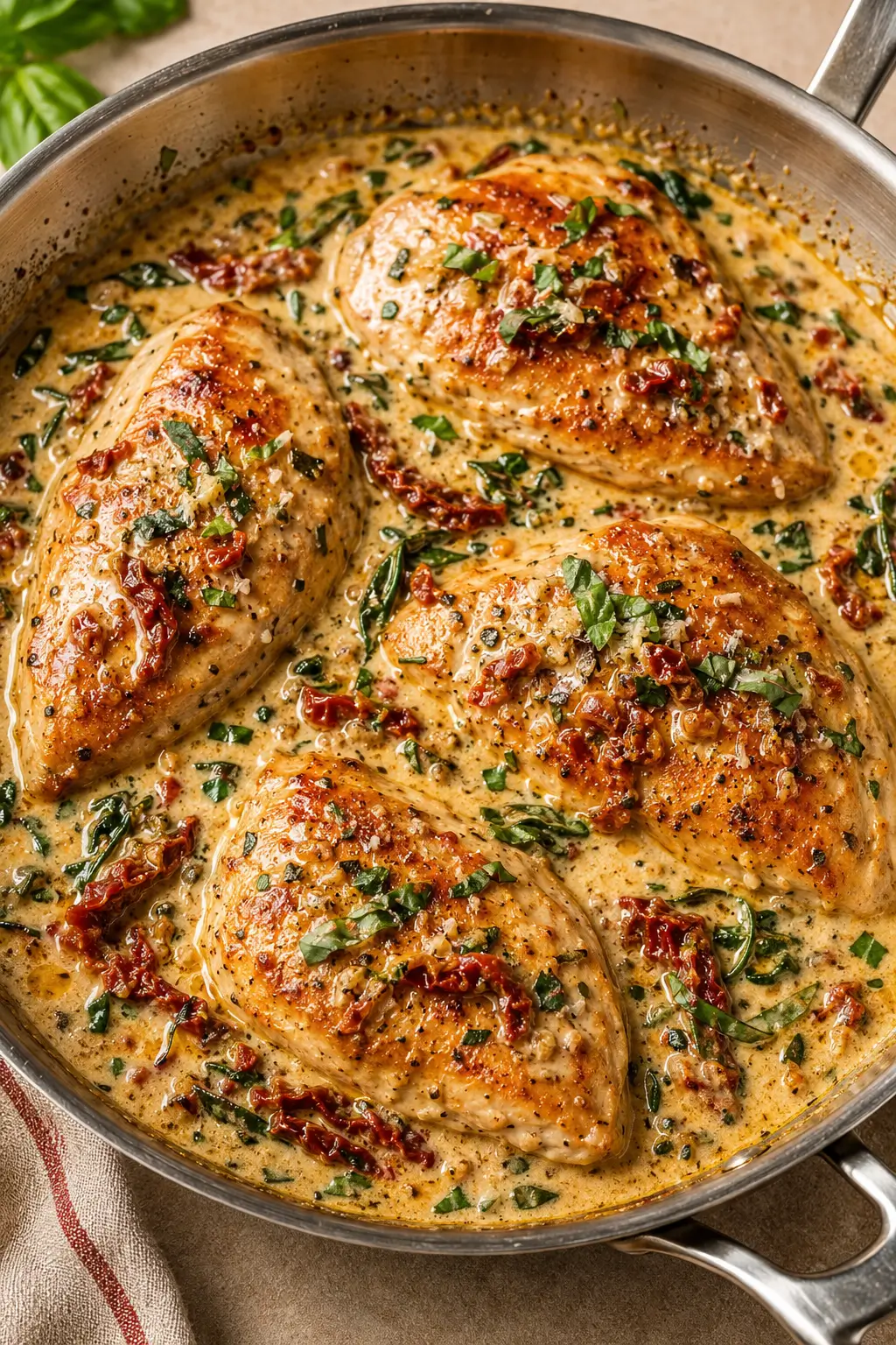 Creamy Marry Me Chicken with sun-dried tomatoes and basil.