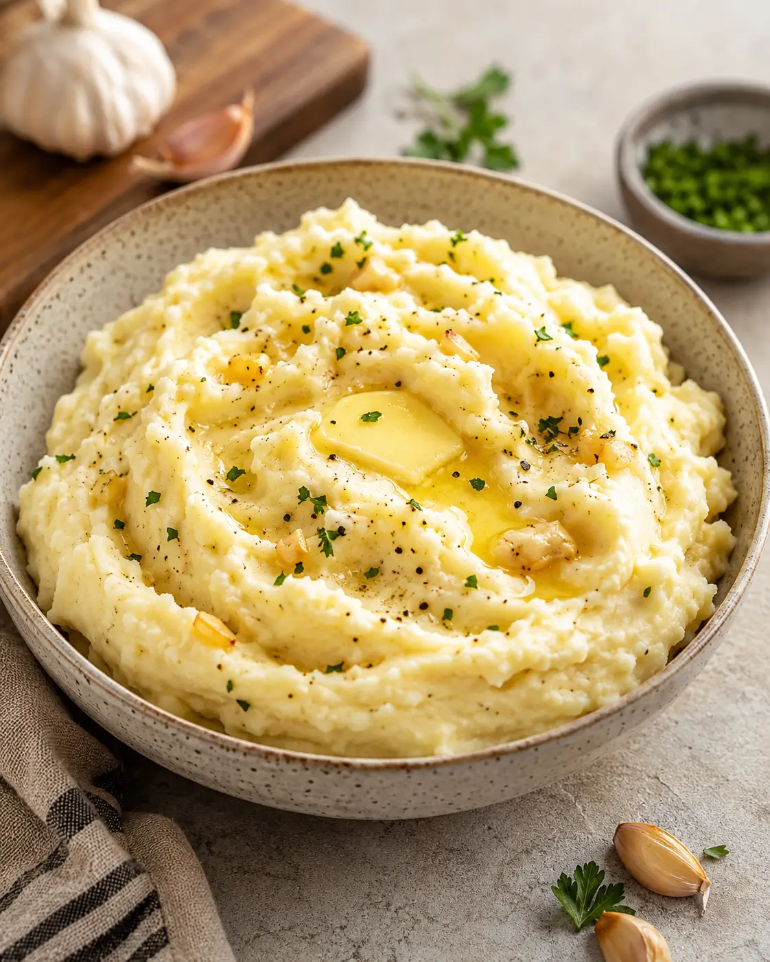 Creamy garlic mashed potatoes topped with melted butter and chopped chives.