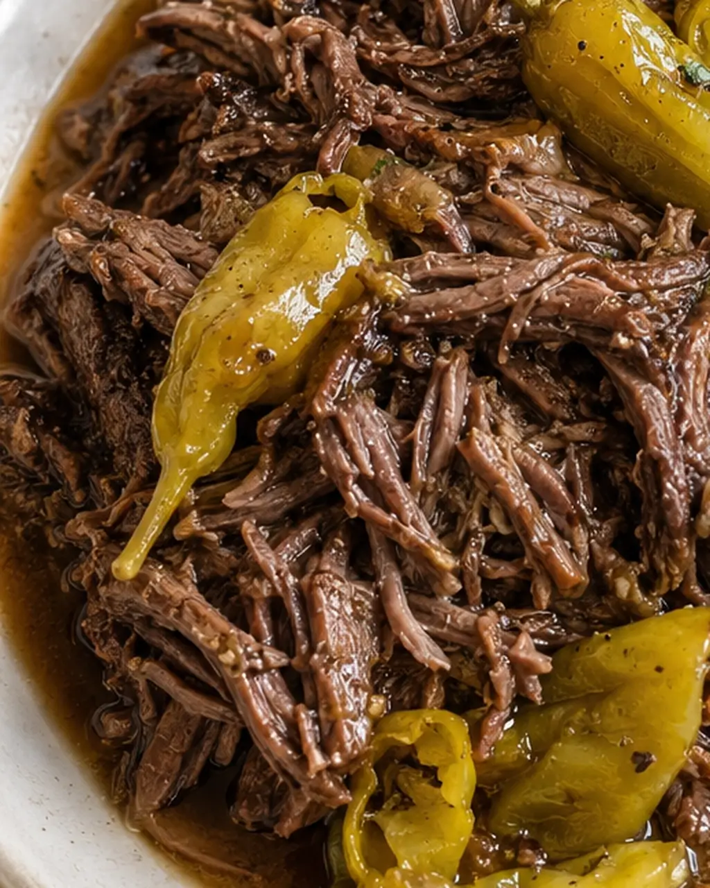 Fork-tender Mississippi pot roast with pepperoncini in a rich savory jus