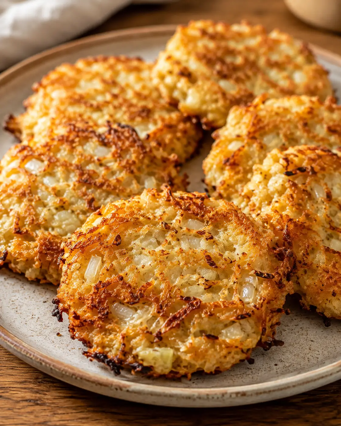 Golden cauliflower mock hash brown patties on a ceramic plate.