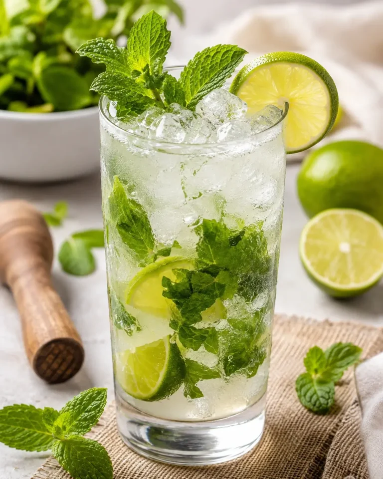 Classic mojito with fresh mint, lime and ice in a tall glass.
