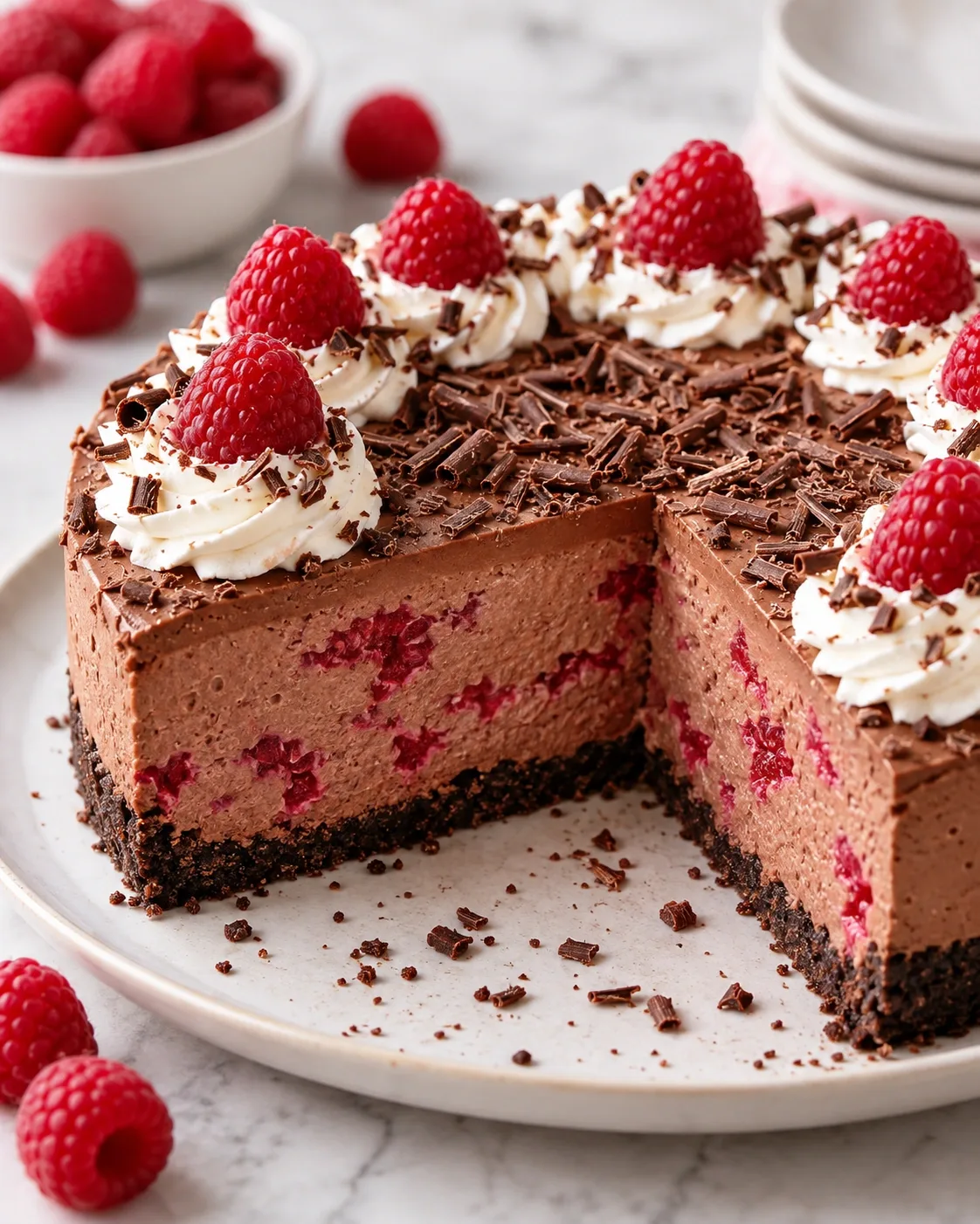 No-bake chocolate raspberry cake topped with fresh raspberries and chocolate shavings.