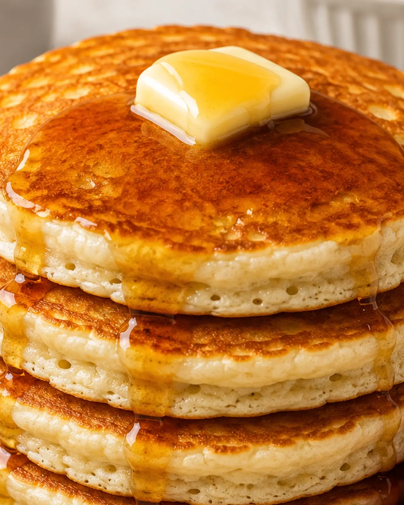 Stack of fluffy buttermilk pancakes topped with butter and maple syrup.