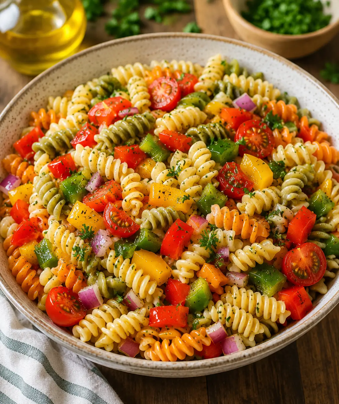 Pasta salad with bell peppers, tomatoes and red onion in Italian dressing.