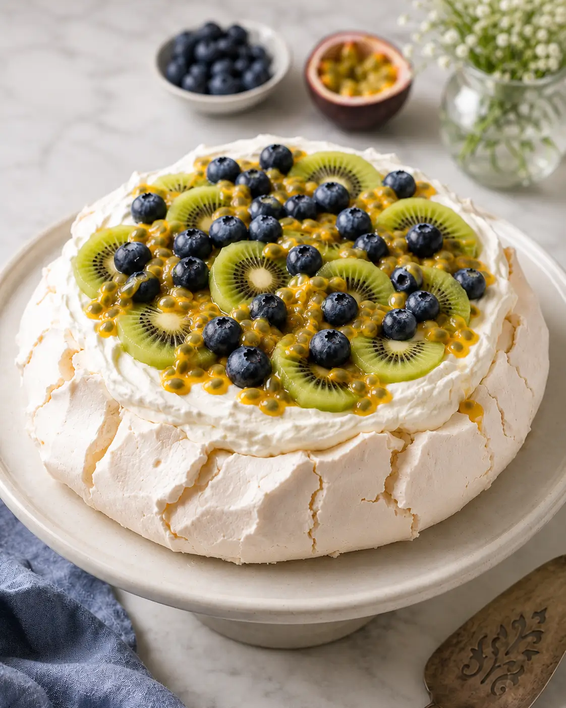 Classic pavlova topped with whipped cream, kiwi, blueberries and passion fruit.
