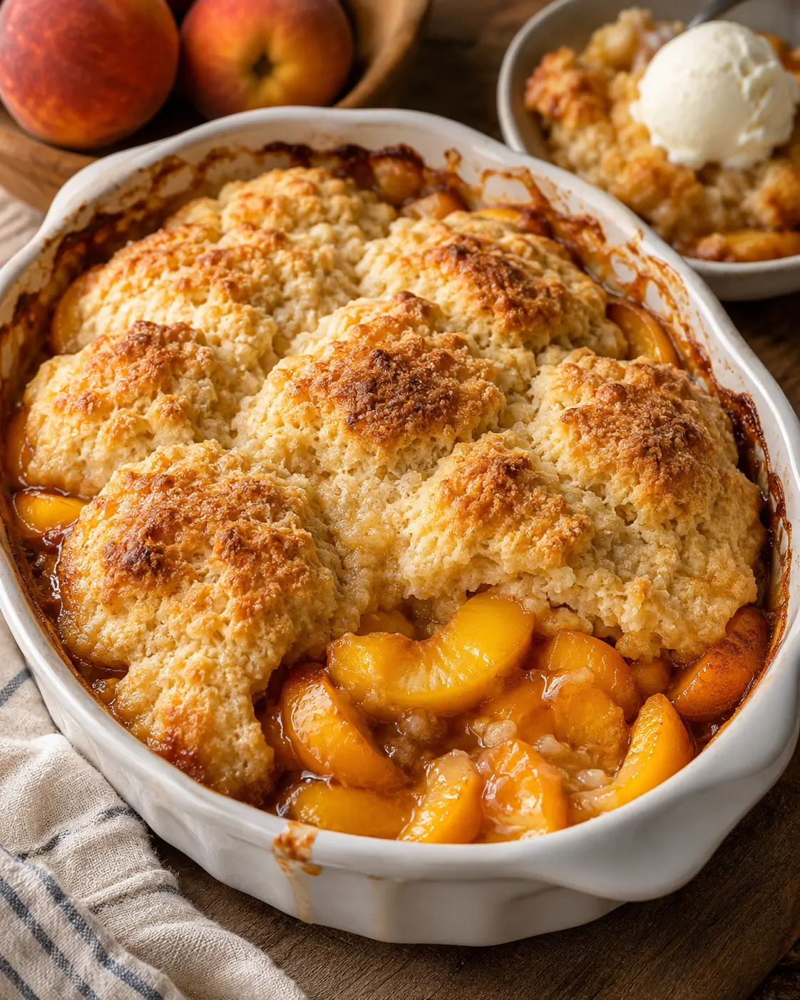 Fresh peach cobbler with golden buttery biscuit topping in a white baking dish.