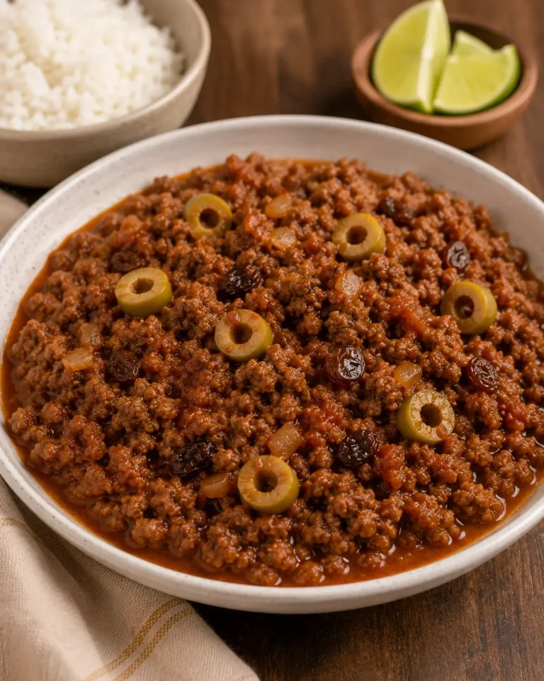 Classic beef picadillo with tomato, green olives and raisins in a shallow bowl.