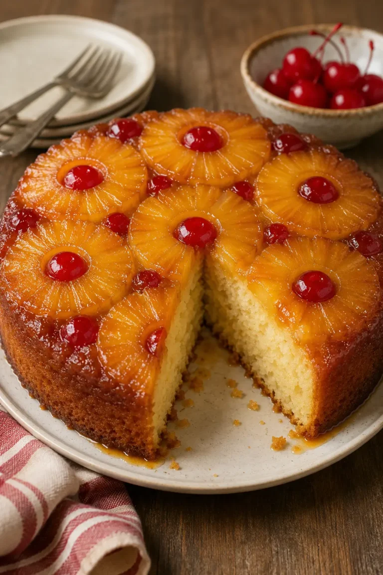 Classic pineapple upside down cake with caramelized pineapple rings and cherries.