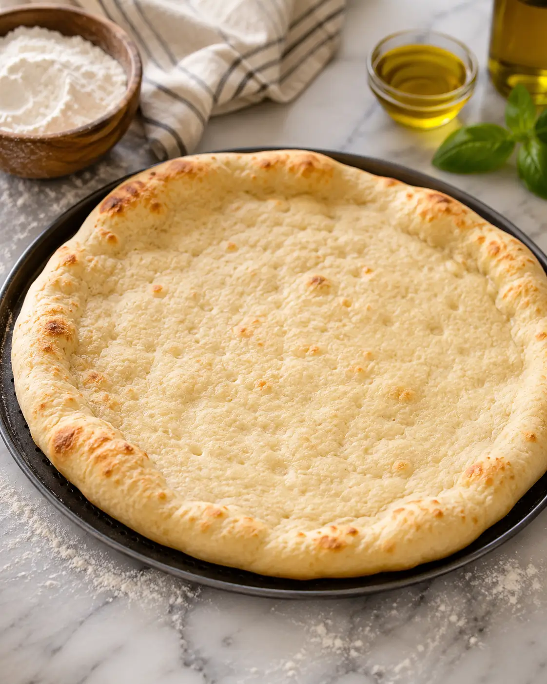 Golden homemade pizza crust with a lightly blistered raised edge on a round board.