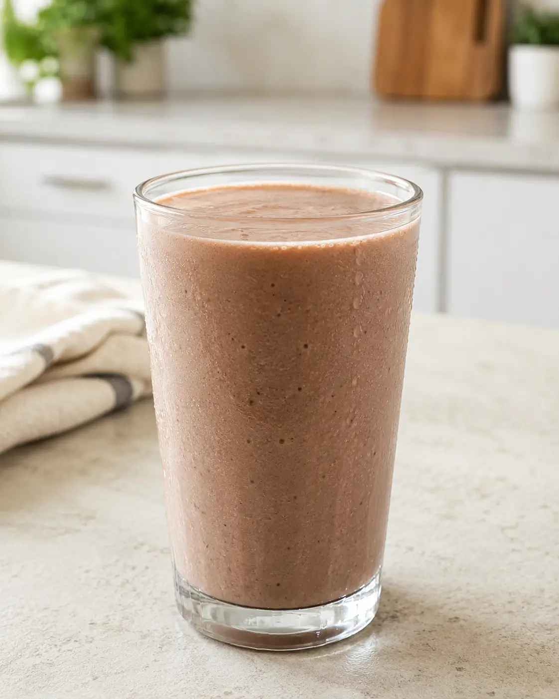 Cold chocolate-banana protein shake in a clear glass on a kitchen counter.