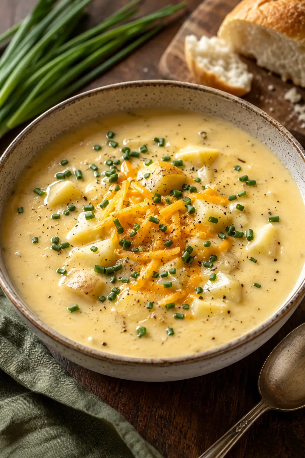 Creamy potato soup topped with shredded cheddar and chopped chives in a white bowl.