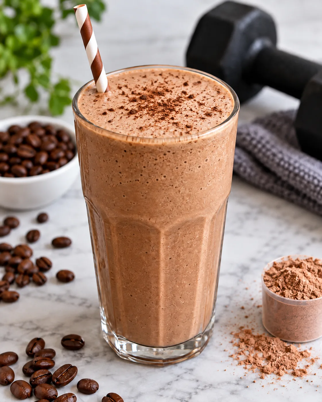 Creamy chocolate coffee protein shake in a clear glass.