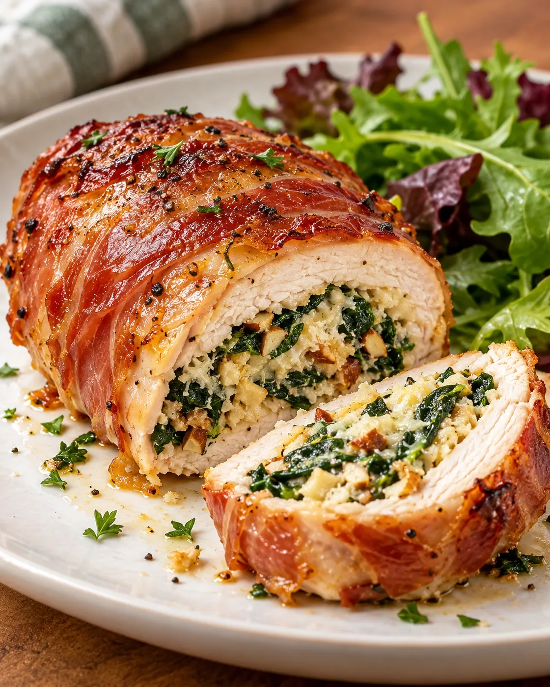 Prosciutto-wrapped chicken sliced to show Parmesan, spinach and almond filling.