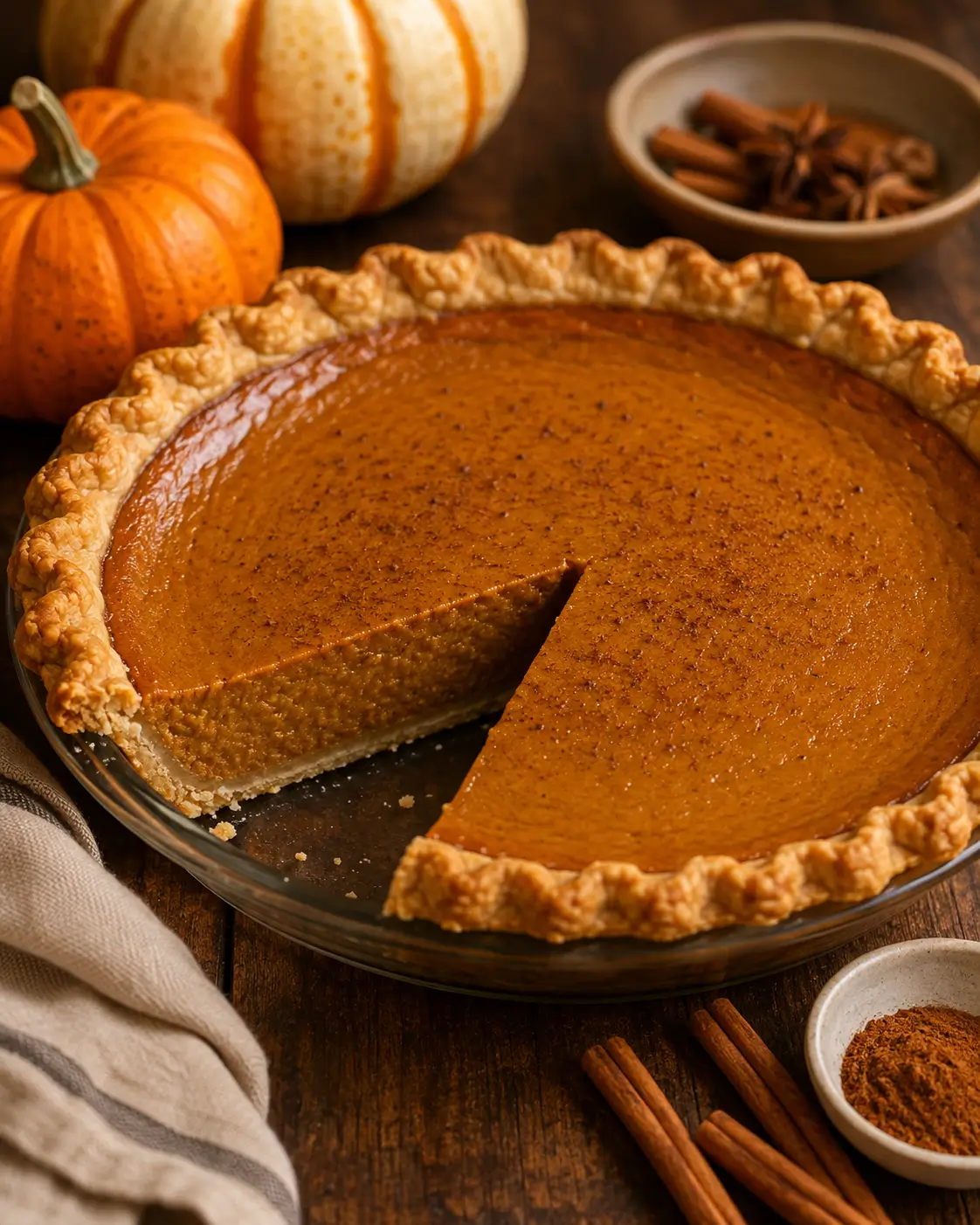 Classic pumpkin pie with warm spices in a white pie dish with one slice removed.