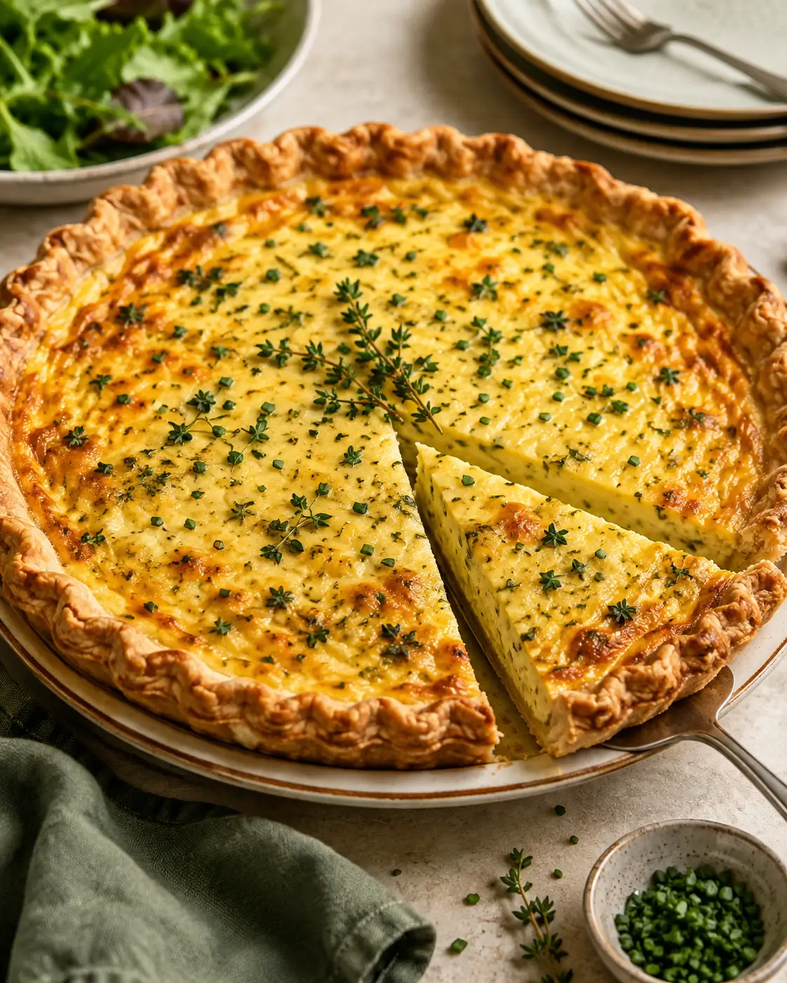 Classic cheese and herb quiche with a golden crust and a sliced wedge on a white ceramic plate.