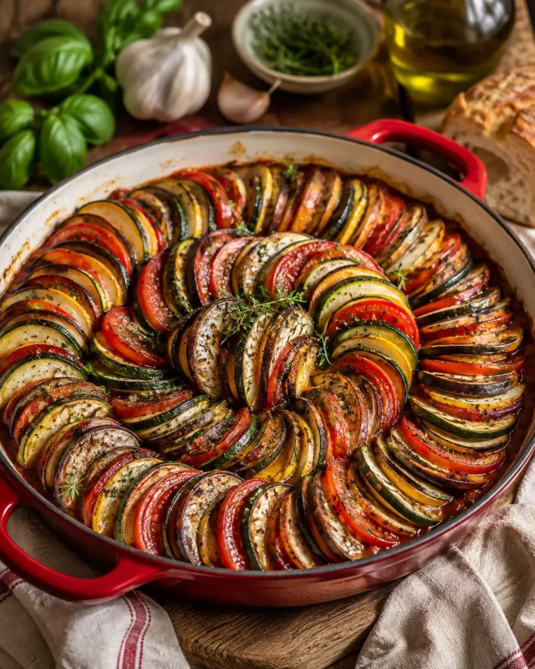 Bowl of Provençal ratatouille with zucchini, eggplant, bell pepper and tomatoes.